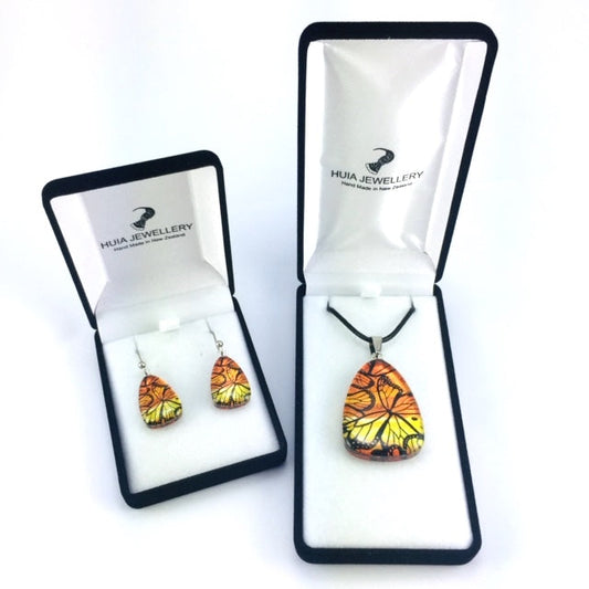 Orange Monarch Butterfly Pendant & Earring Set