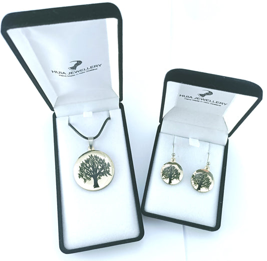 Mirror Tree of Life Black Gold Pendant & Earring Set