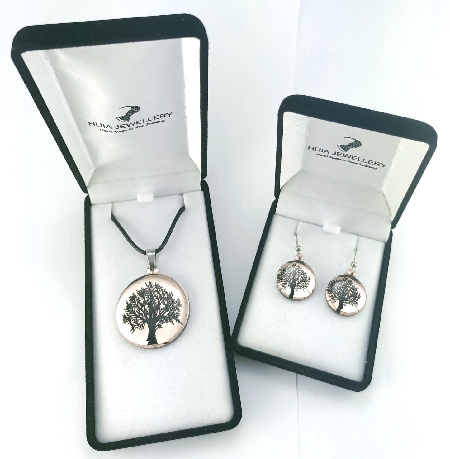 Mirror Tree of Life Black Rose Pendant & Earring Set