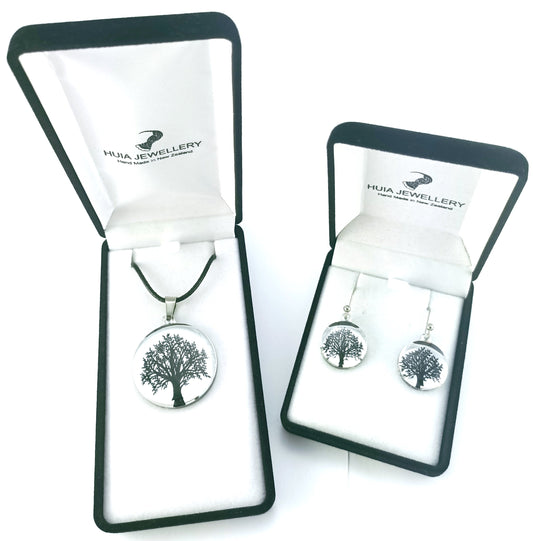 Mirror Tree of Life Black Silver Pendant & Earring Set