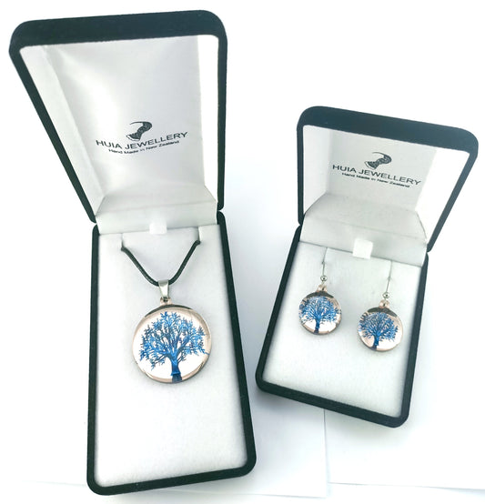 Mirror Tree of Life Blue Rose Pendant & Earring Set