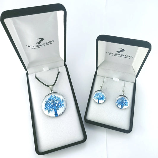 Mirror Tree of Life Blue Silver Pendant & Earring Set