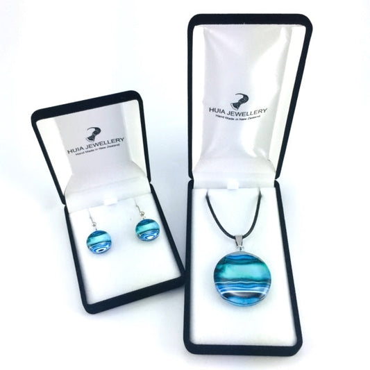 Blue Round Marble Pendant & Earring Set