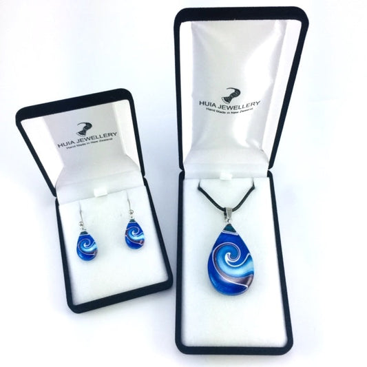 Blue Teardrop Mystic Wave Pendant & Earring Set