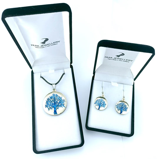 Mirror Tree of Life Blue Gold Pendant & Earring Set